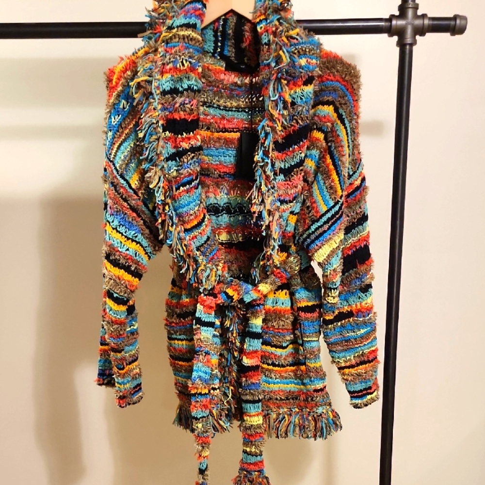 Alanui Multicolor Knit Cardigan with Fringe And Belt.